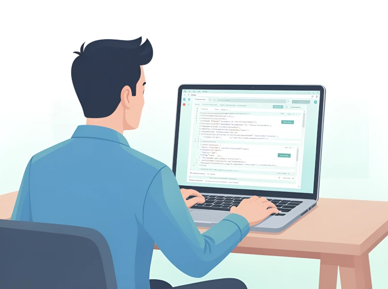 ein Programmierer sitzt vor einem Laptop und schaut sich eine Website an